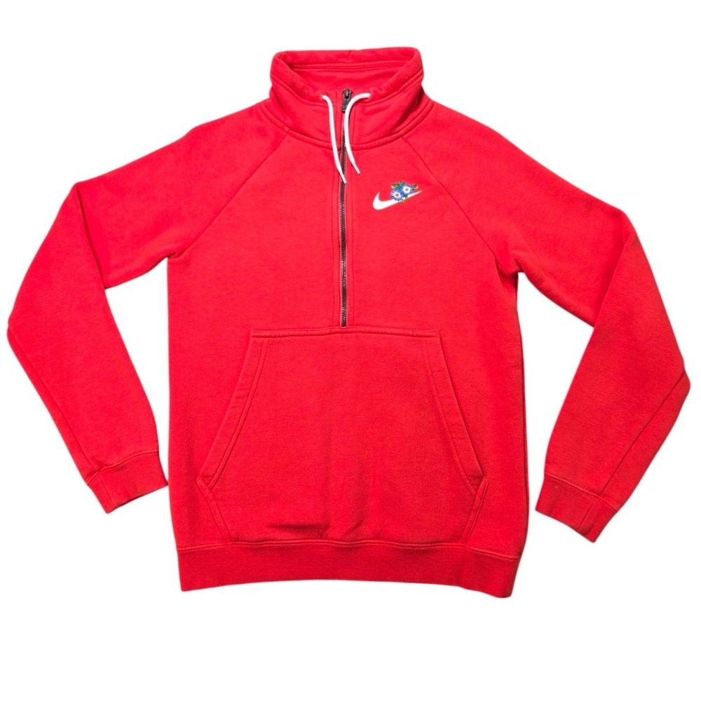 Nike Floral Swoosh Half Zip Fleece Sweatshirt Red Womens XS